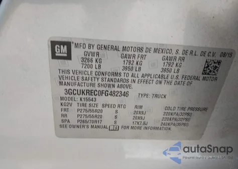 2015 Chevrolet Silverado 1500 1Lt from USA, damaged, VIN 3GCUKREC0FG482346